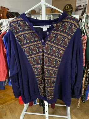 Retro Adolfo Navy Crewneck Sweater with Patterned Front Panel